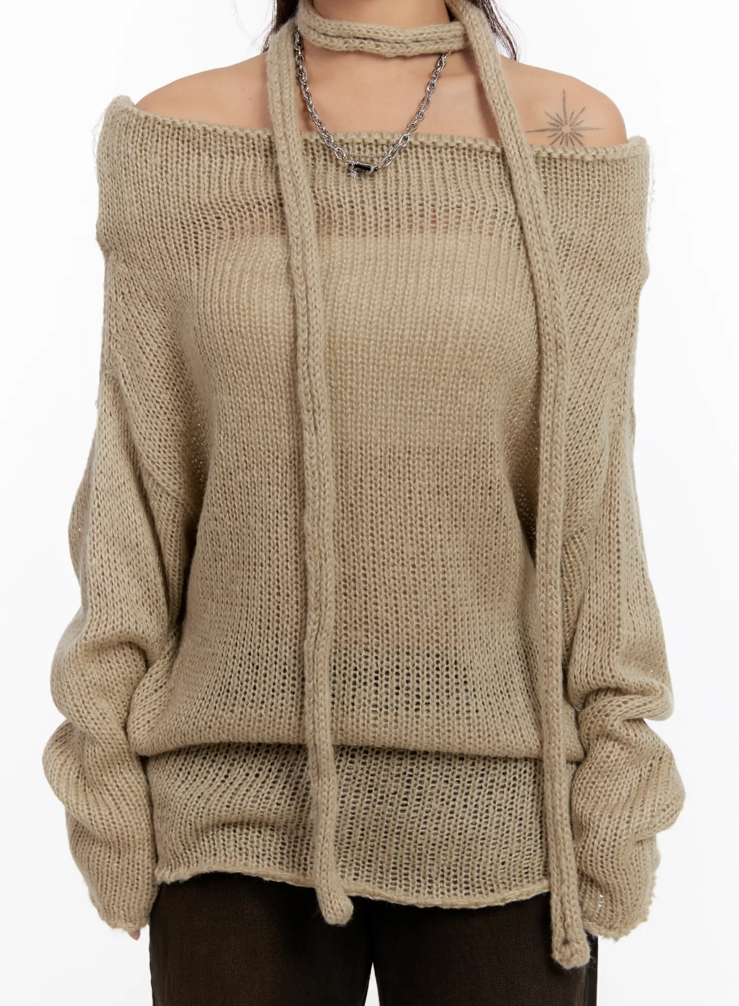 Off Shoulder Knit Sweater With Scarf CN527 - Image 4