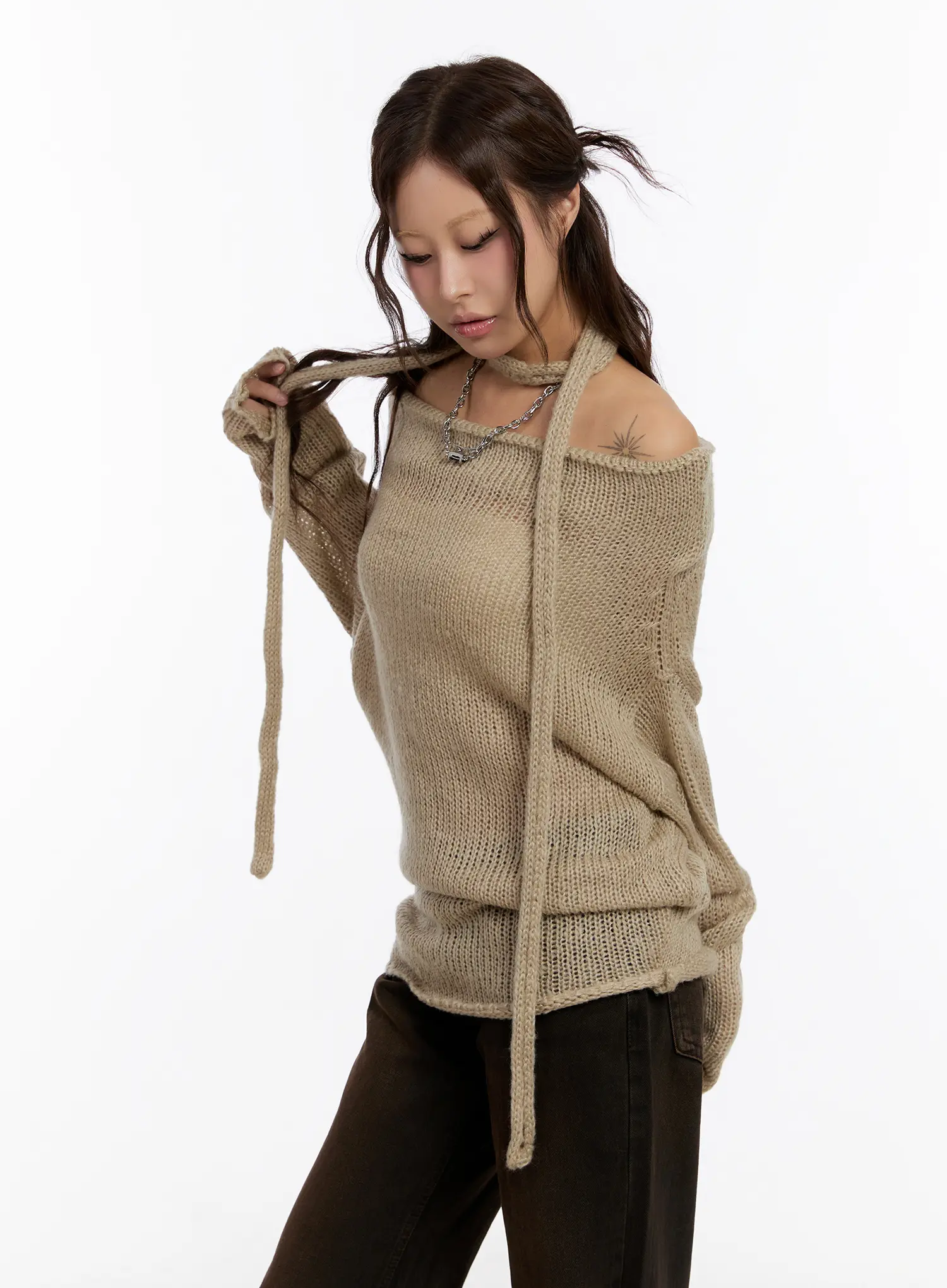 Off Shoulder Knit Sweater With Scarf CN527 - Image 5
