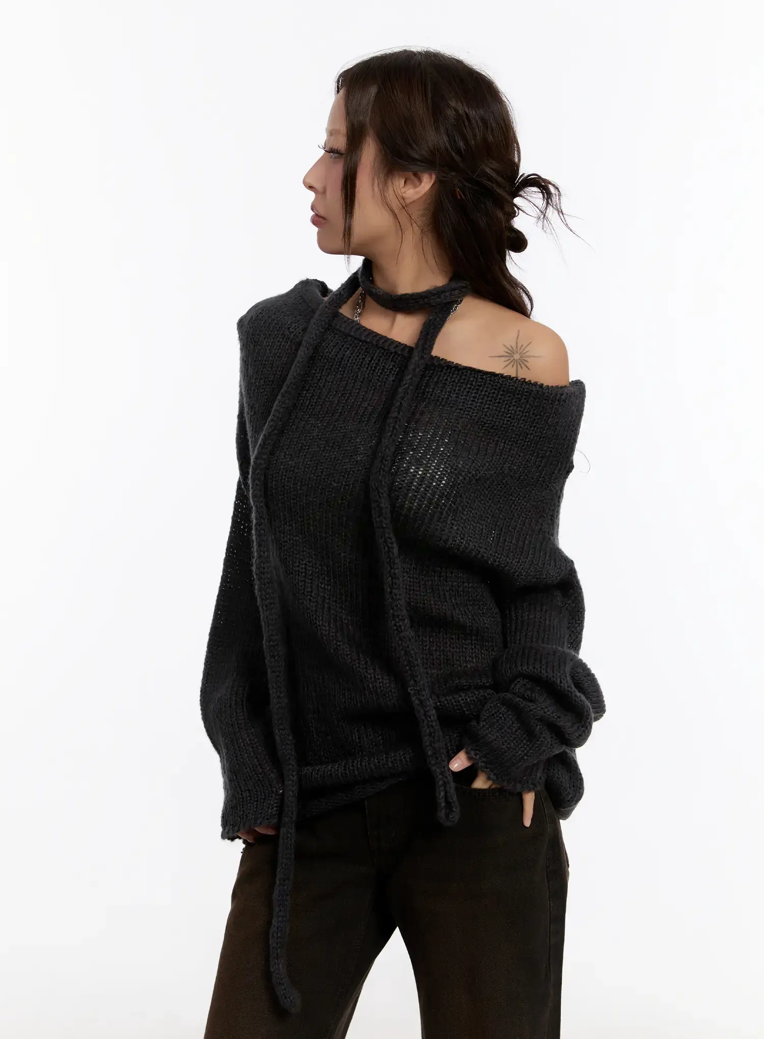 Off Shoulder Knit Sweater With Scarf CN527 - Image 8