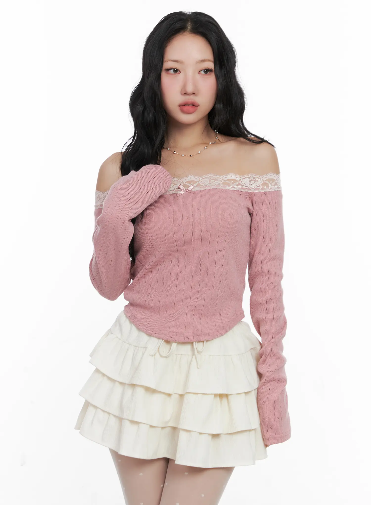 Off-Shoulder Lace Long Sleeve Top CN514