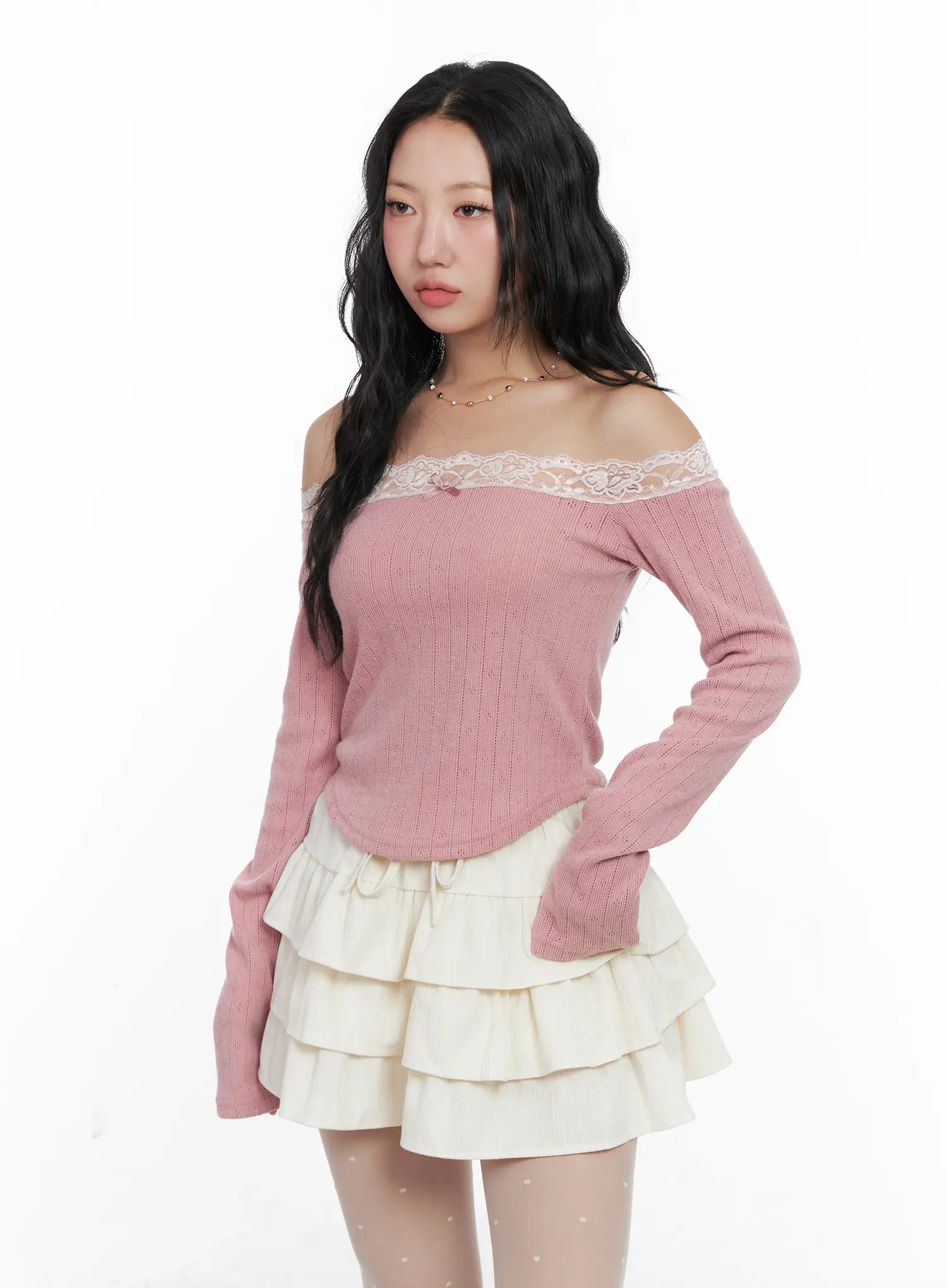 Off-Shoulder Lace Long Sleeve Top CN514 - Image 4