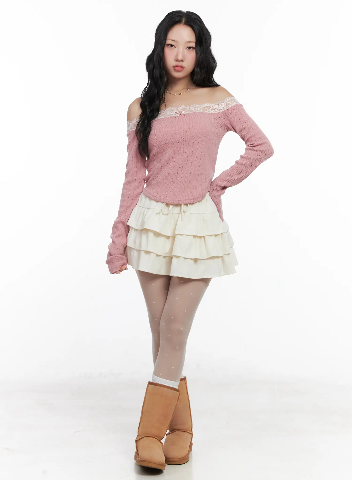 Off-Shoulder Lace Long Sleeve Top CN514 - Image 5