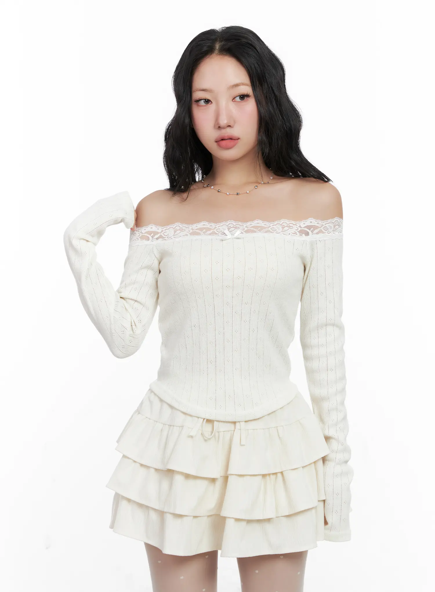 Off-Shoulder Lace Long Sleeve Top CN514 - Image 9