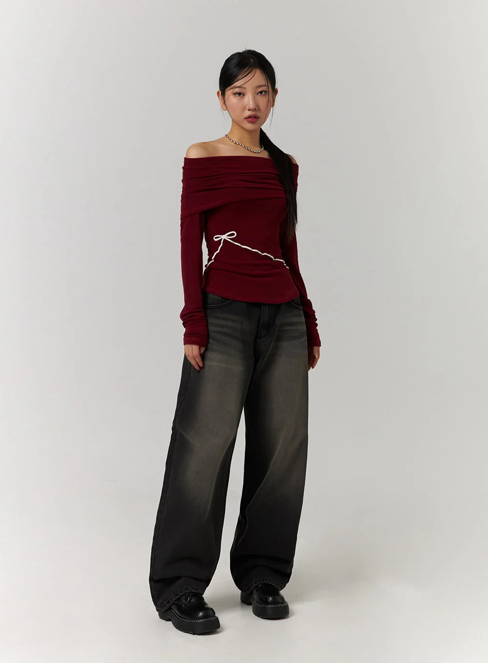 Off-Shoulder Solid Ruched Long Sleeve Top with Ribbon Detail CD329 - Image 2