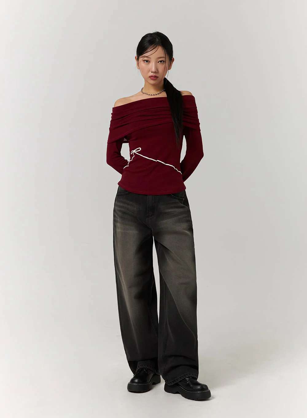 Off-Shoulder Solid Ruched Long Sleeve Top with Ribbon Detail CD329 - Image 3