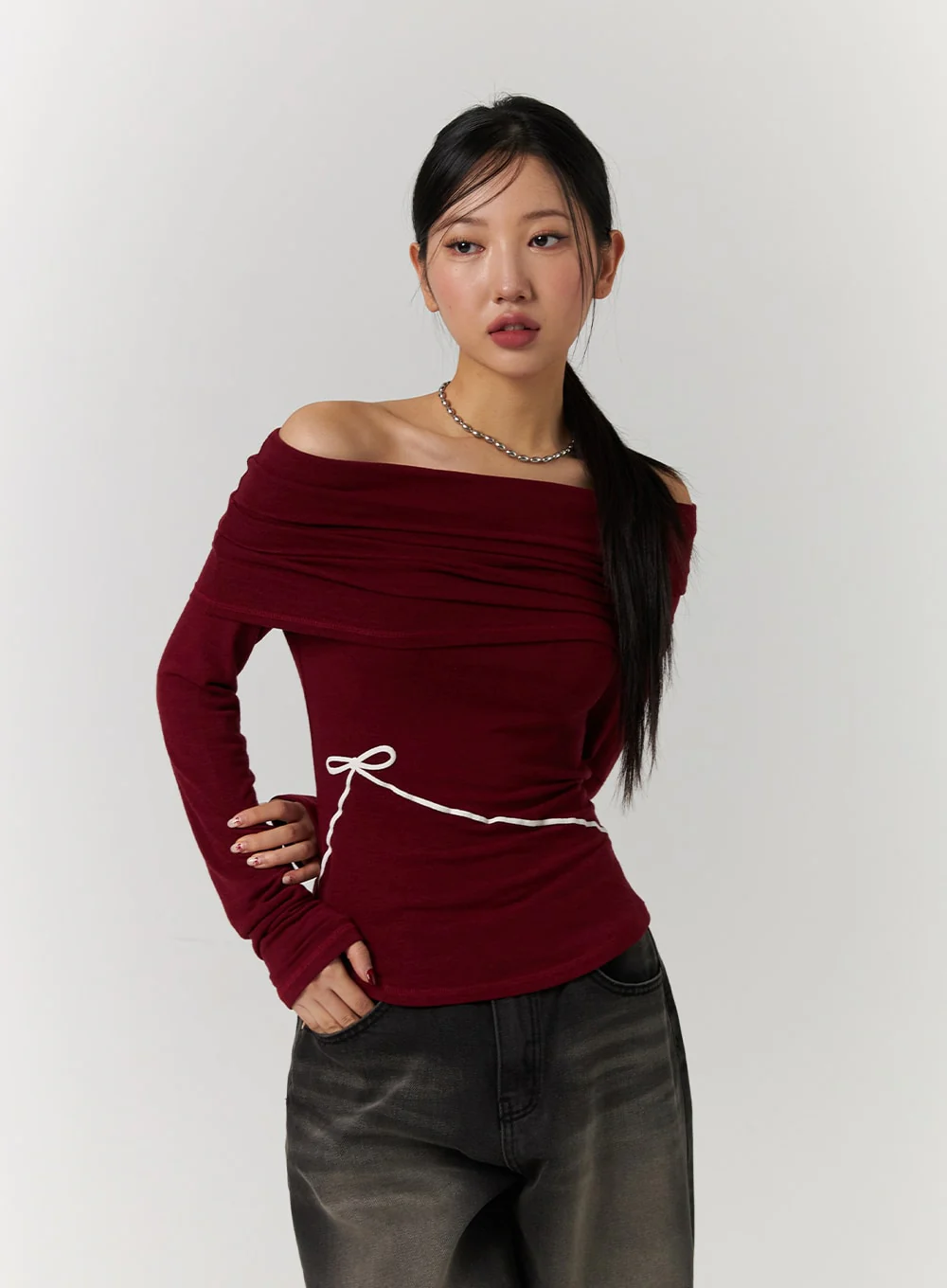Off-Shoulder Solid Ruched Long Sleeve Top with Ribbon Detail CD329 - Image 4