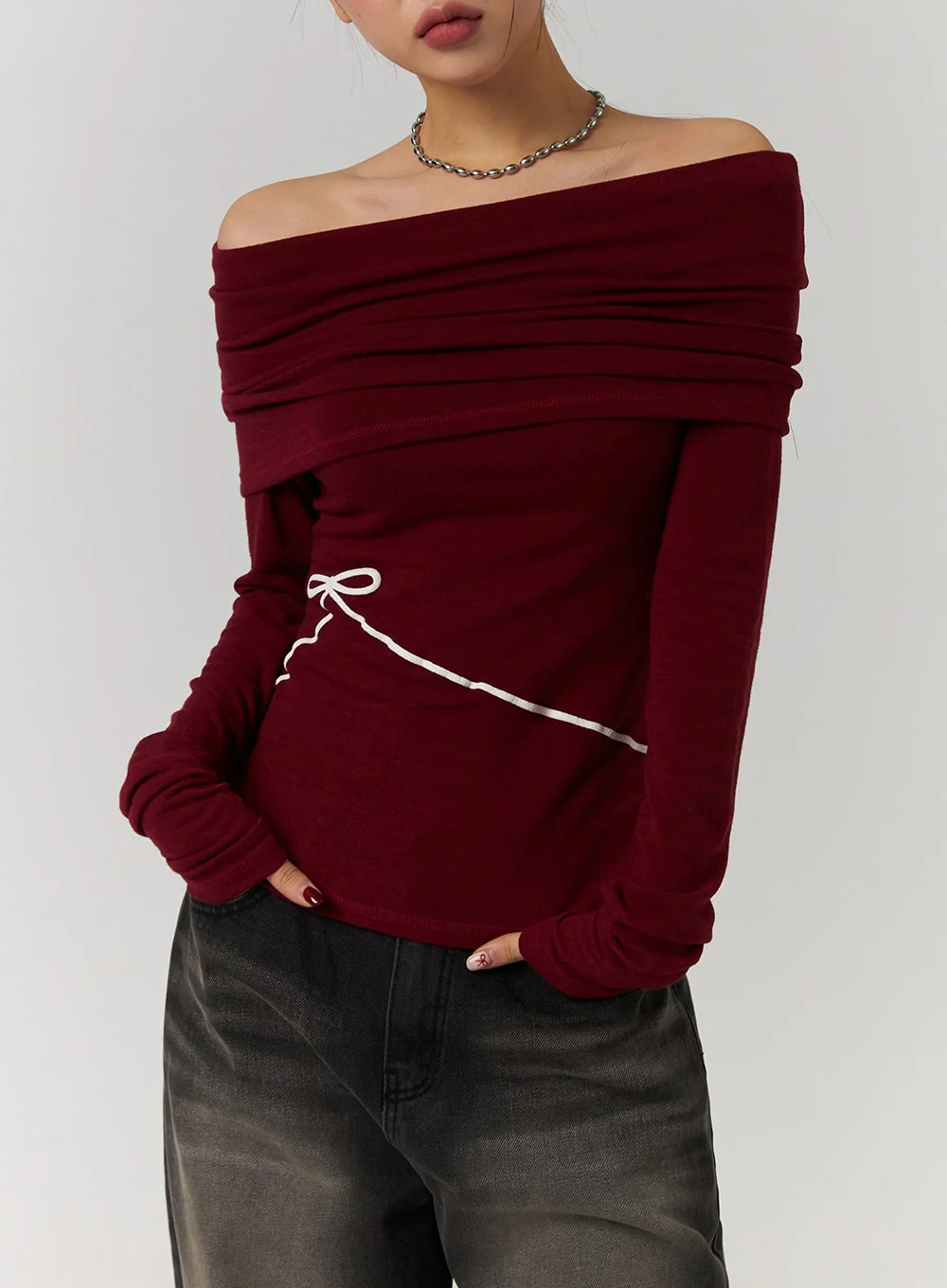 Off-Shoulder Solid Ruched Long Sleeve Top with Ribbon Detail CD329 - Image 5