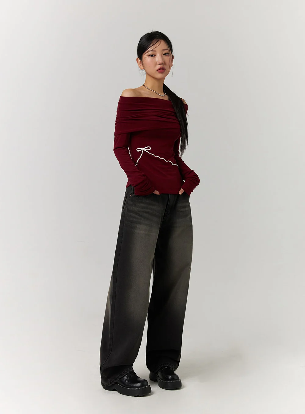 Off-Shoulder Solid Ruched Long Sleeve Top with Ribbon Detail CD329 - Image 6