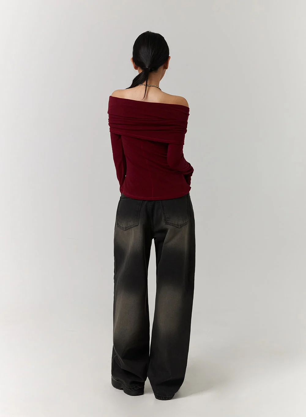 Off-Shoulder Solid Ruched Long Sleeve Top with Ribbon Detail CD329 - Image 7