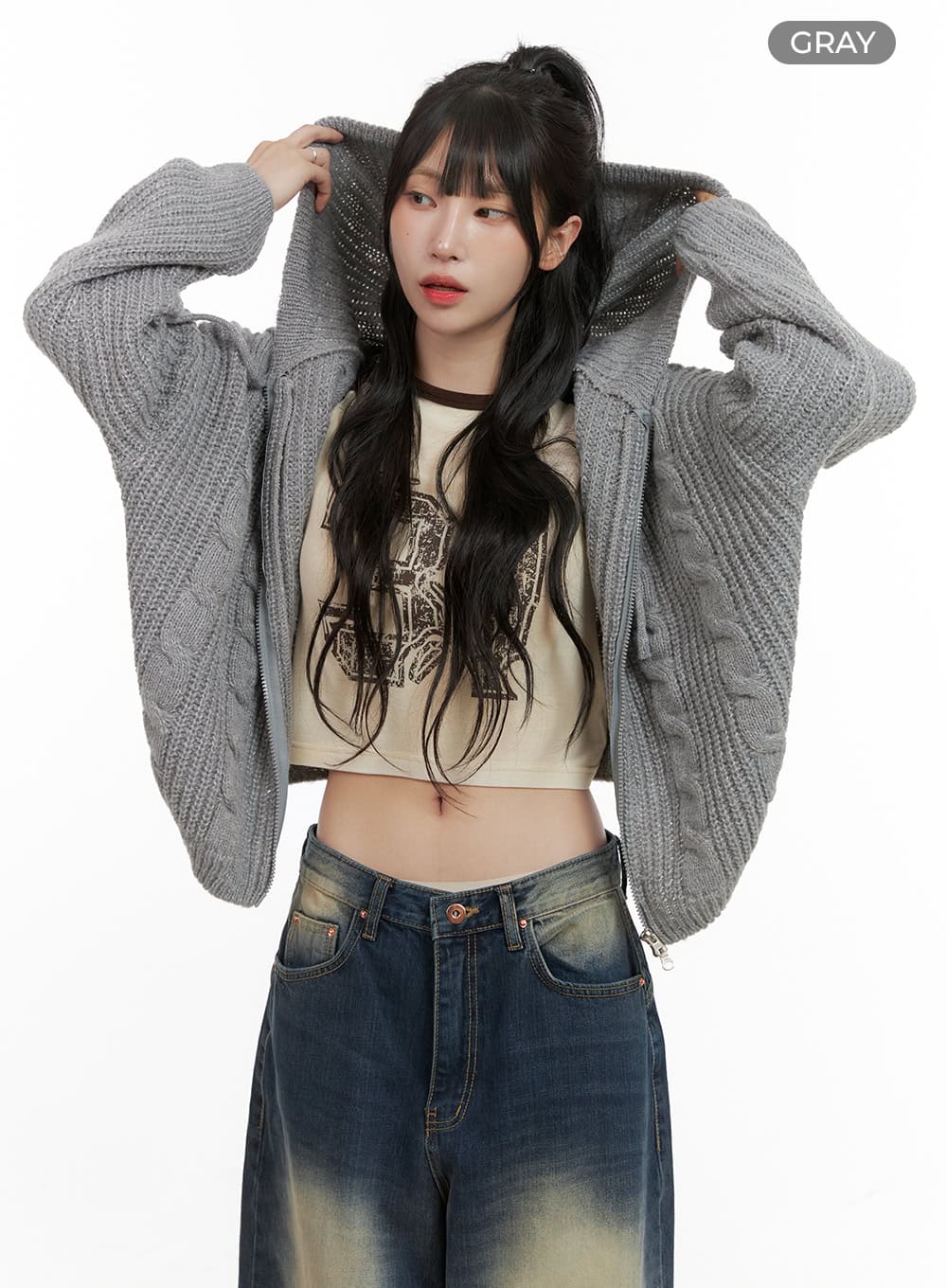 Oversized Cable Knit Zip-Up Hooded Sweater CG421 - Image 10