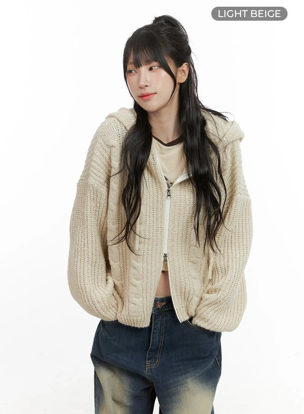 Oversized Cable Knit Zip-Up Hooded Sweater CG421 - Image 11