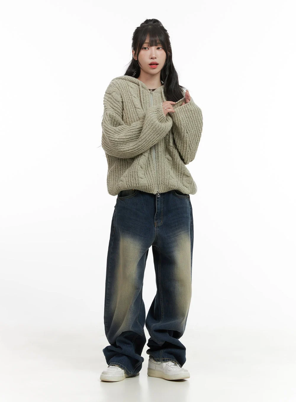Oversized Cable Knit Zip-Up Hooded Sweater CG421 - Image 2