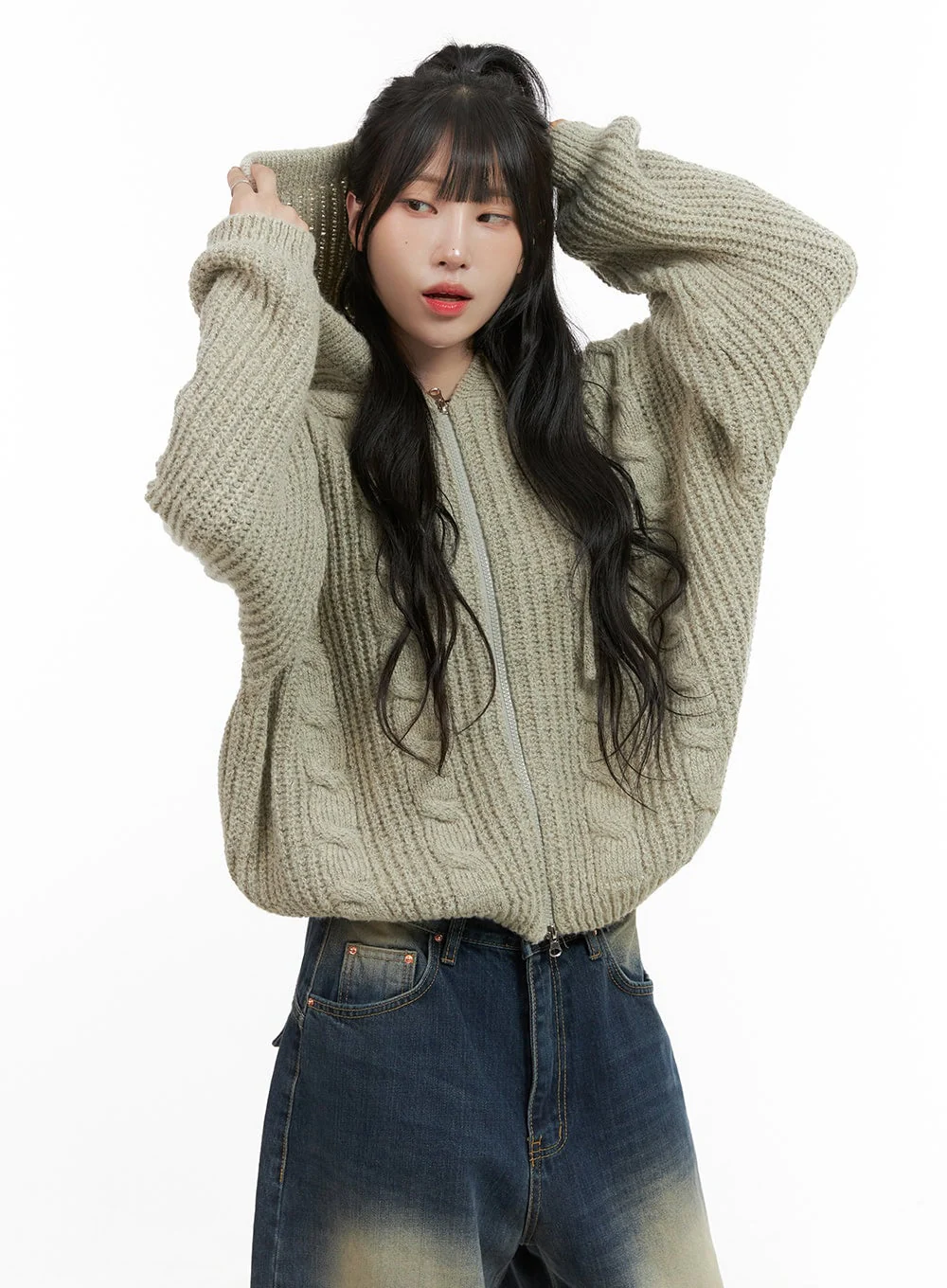 Oversized Cable Knit Zip-Up Hooded Sweater CG421 - Image 3