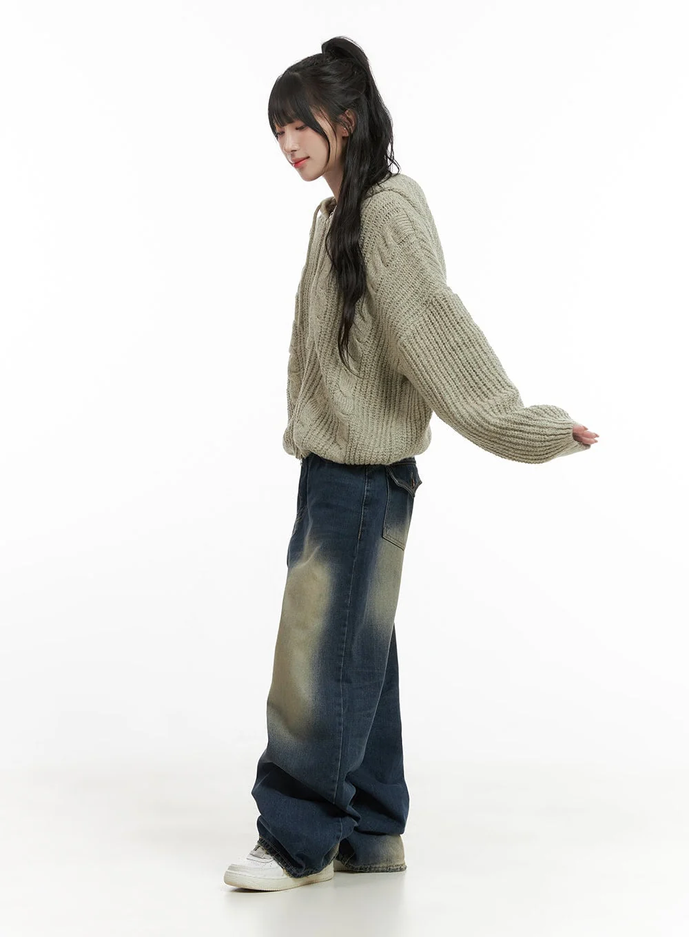 Oversized Cable Knit Zip-Up Hooded Sweater CG421 - Image 4