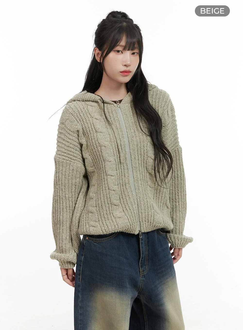 Oversized Cable Knit Zip-Up Hooded Sweater CG421 - Image 7