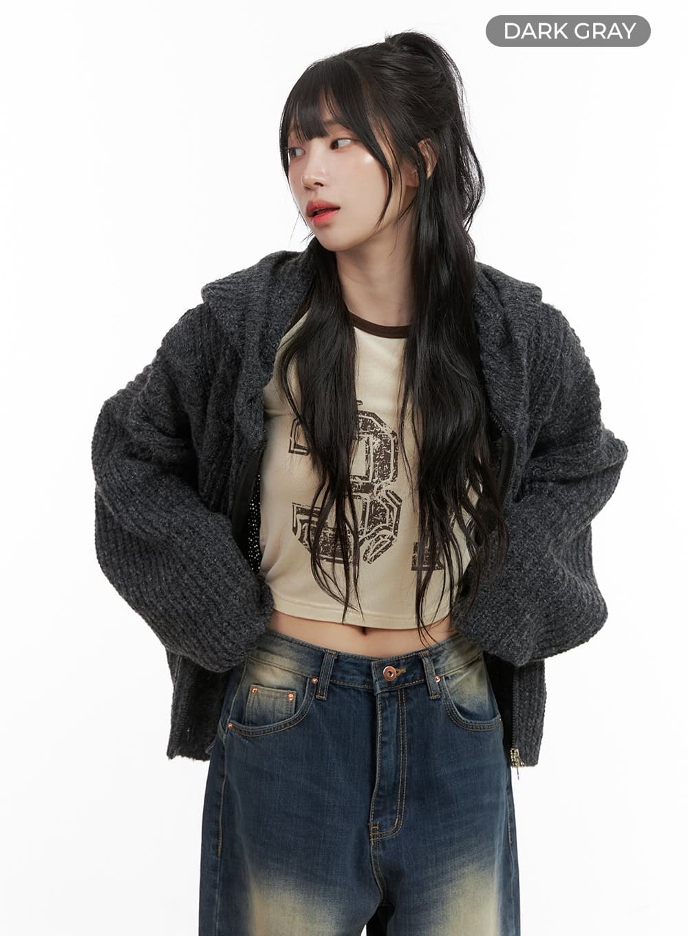 Oversized Cable Knit Zip-Up Hooded Sweater CG421 - Image 8