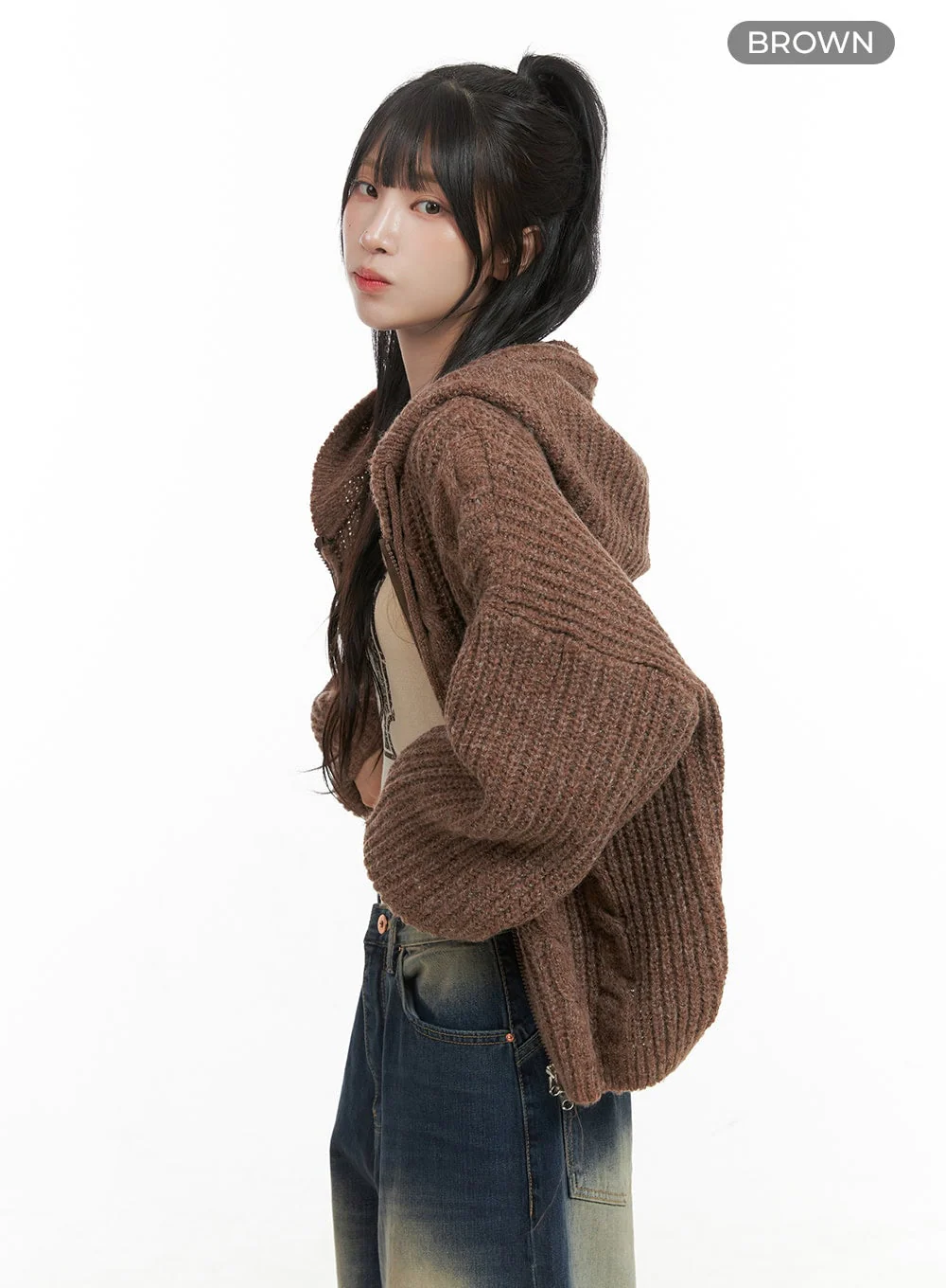 Oversized Cable Knit Zip-Up Hooded Sweater CG421 - Image 9