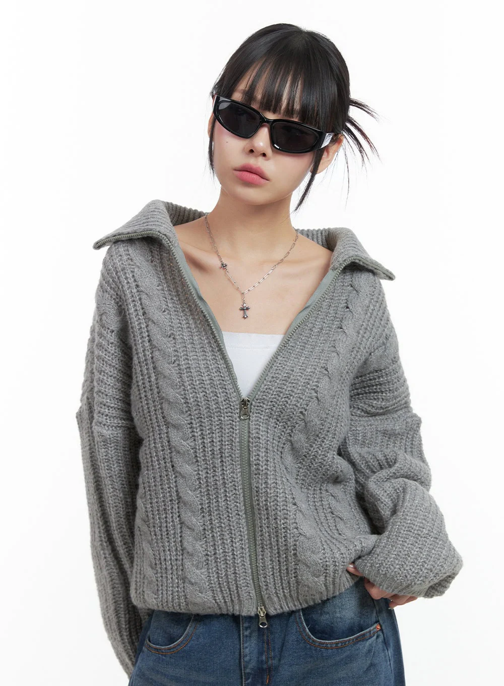 Oversized Cable Knit Zip-Up Sweater OS410 - Image 2