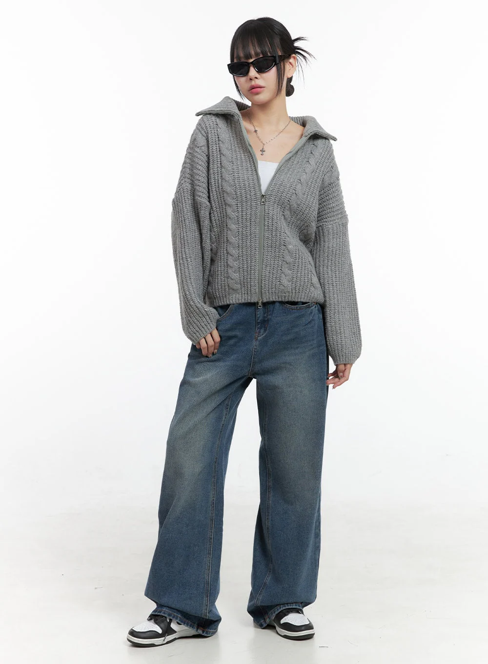 Oversized Cable Knit Zip-Up Sweater OS410 - Image 3