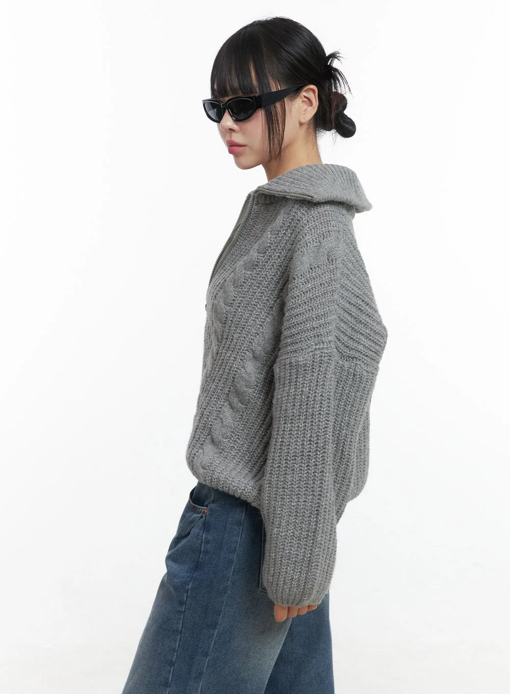 Oversized Cable Knit Zip-Up Sweater OS410 - Image 5