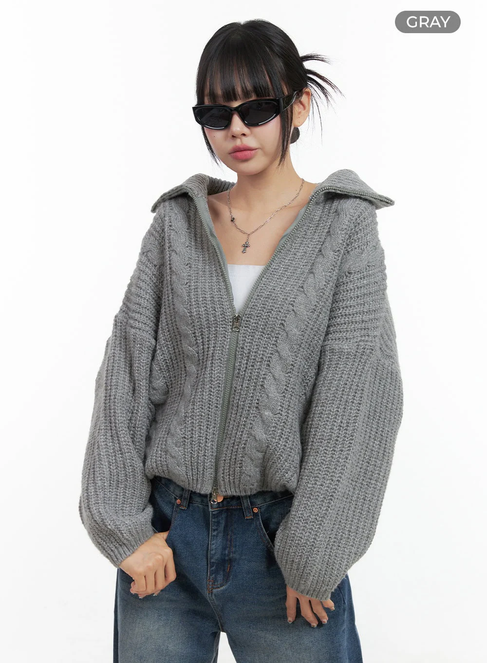 Oversized Cable Knit Zip-Up Sweater OS410 - Image 7