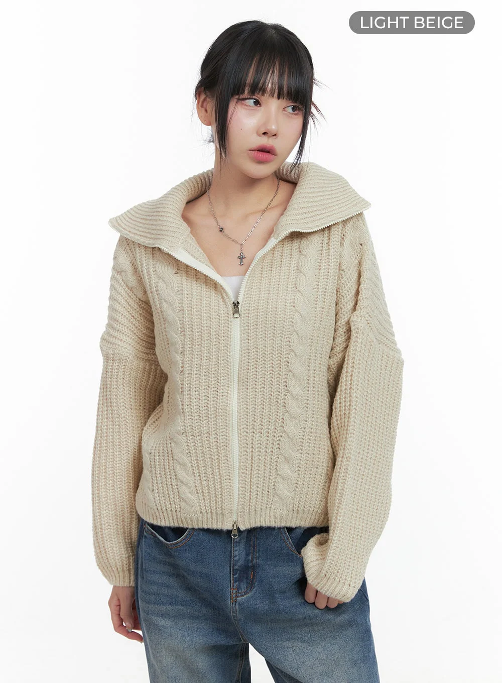 Oversized Cable Knit Zip-Up Sweater OS410 - Image 8