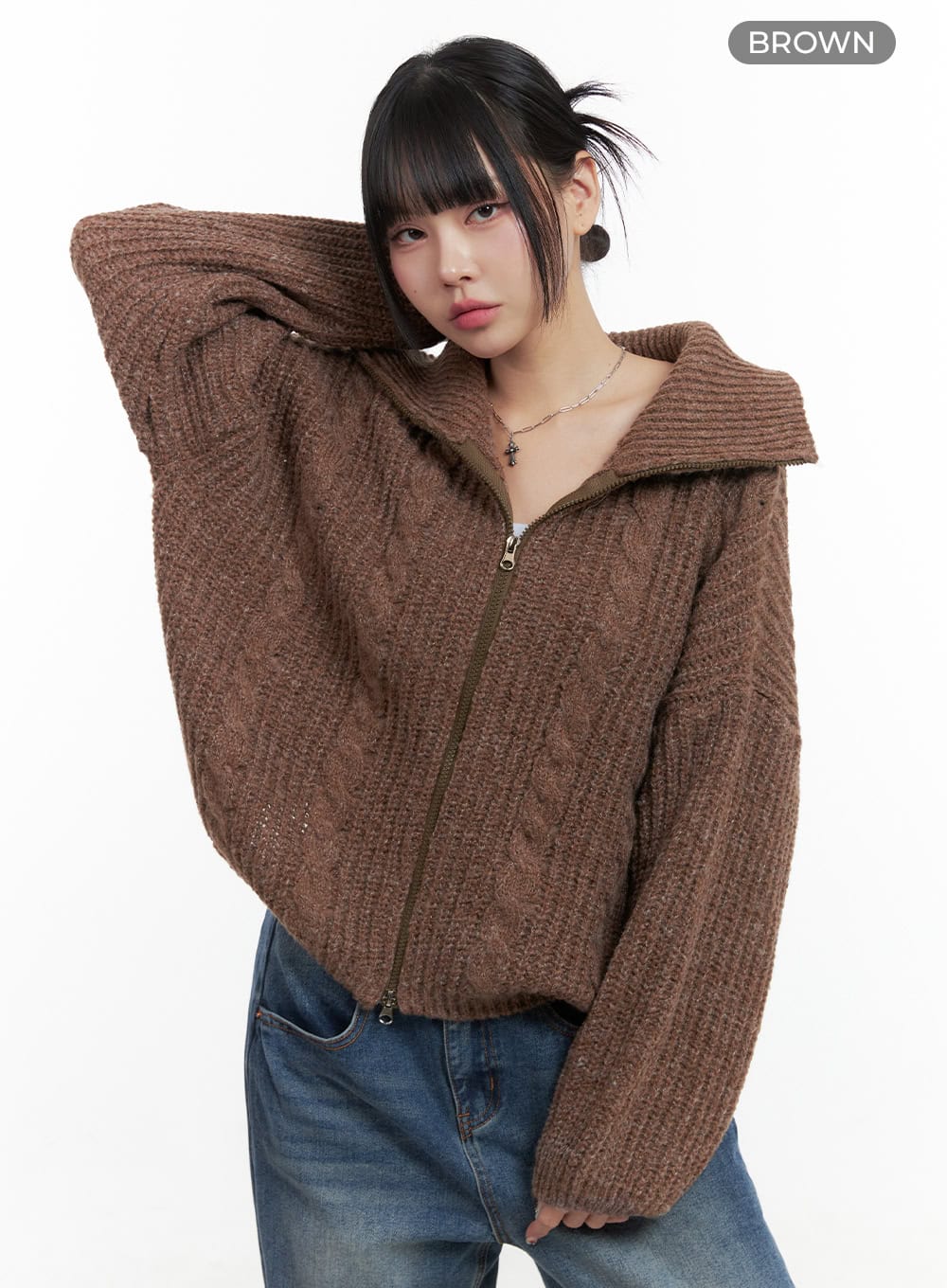 Oversized Cable Knit Zip-Up Sweater OS410 - Image 9