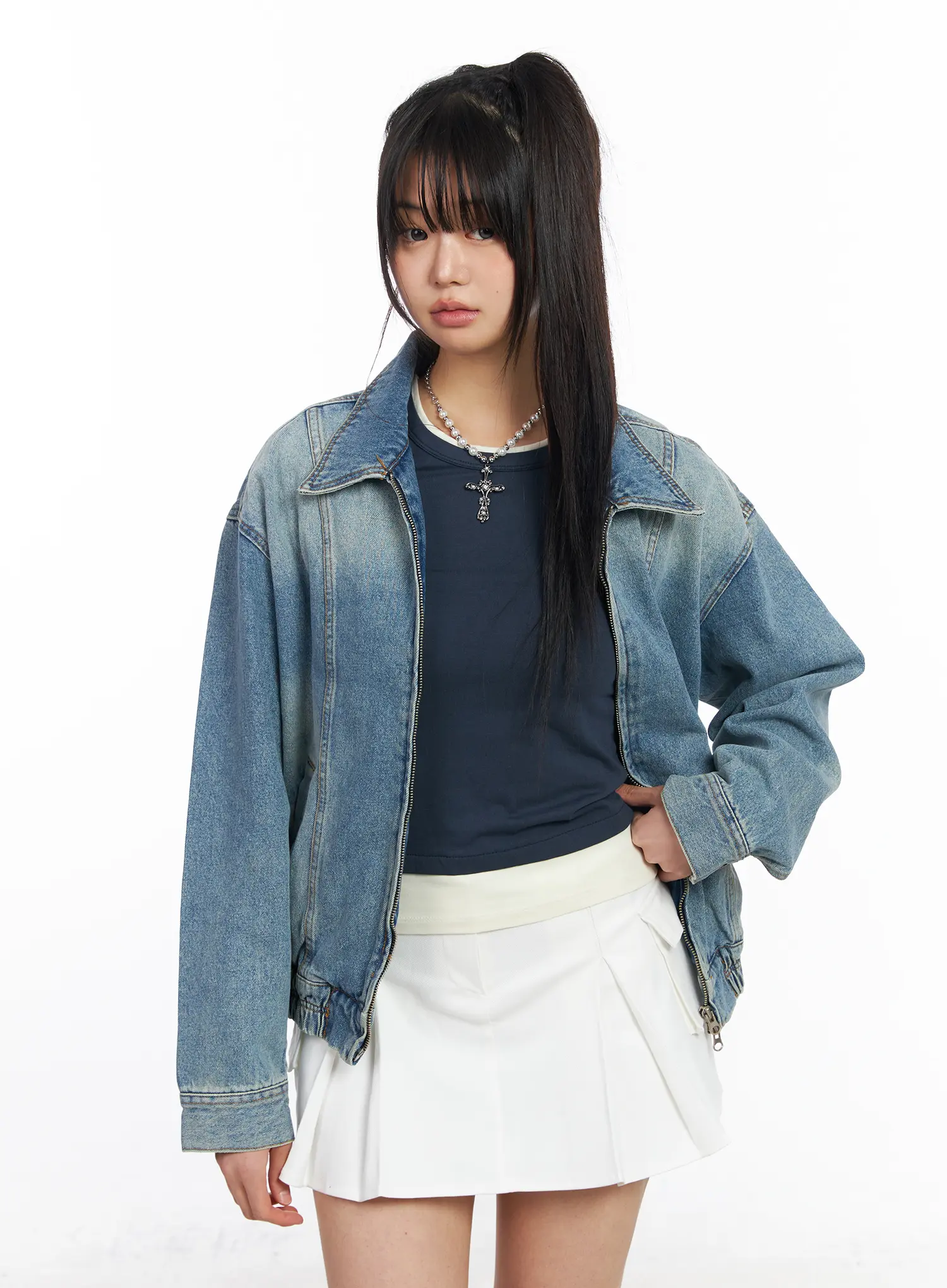 Oversized Collar Denim Jacket CF506 - Image 4