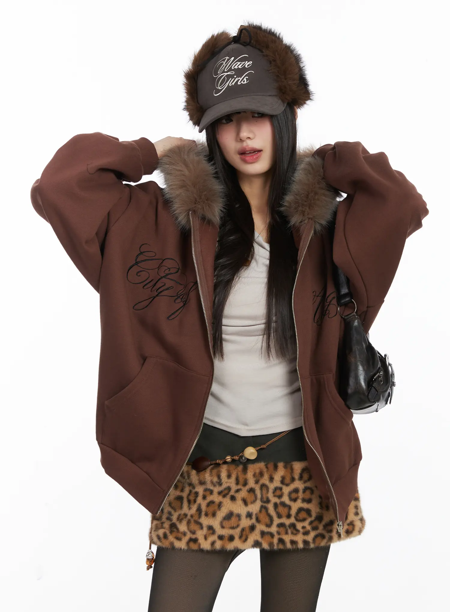 Oversized Faux Fur Fleece Zip-Up Hoodie CD529 - Image 2