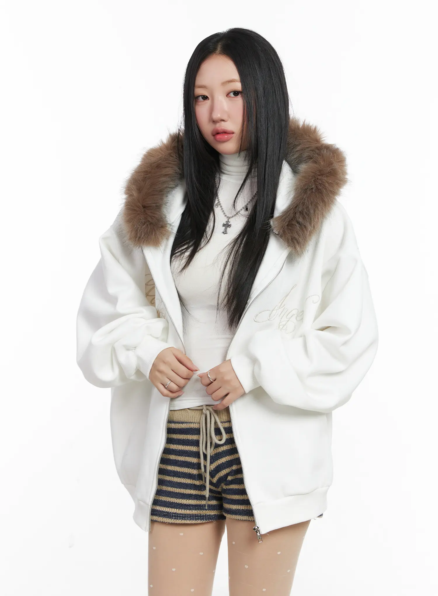 Oversized Fleece Faux Fur Zip-Up Hoodie CD529 - Image 2