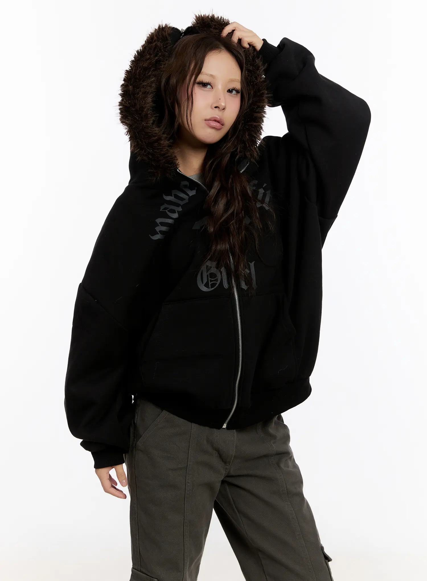 Oversized Graphic Faux Fur Zip Hoodie CN527