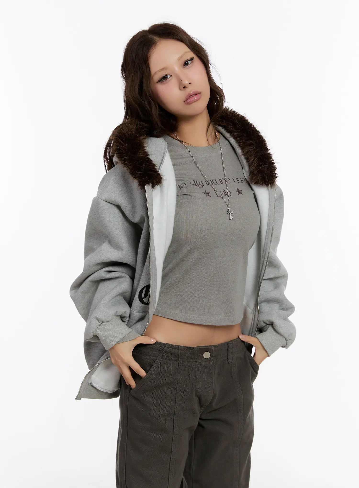 Oversized Graphic Faux Fur Zip Hoodie CN527 - Image 11