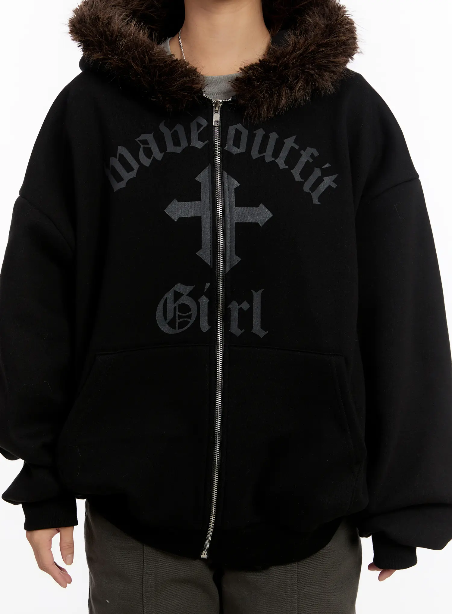 Oversized Graphic Faux Fur Zip Hoodie CN527 - Image 3