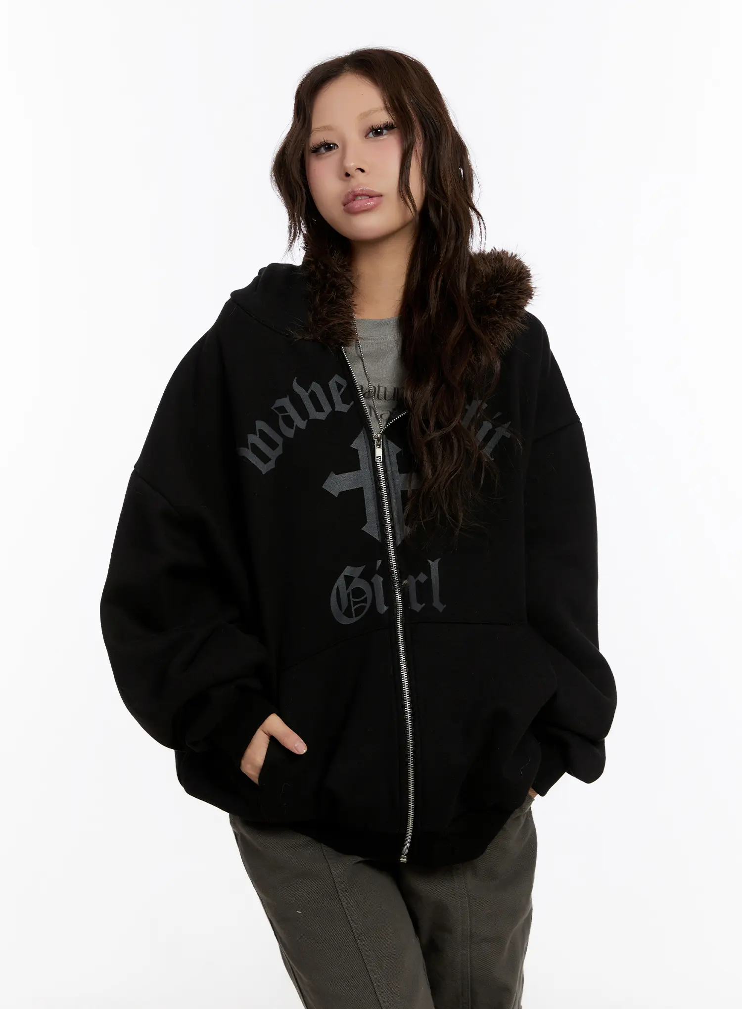 Oversized Graphic Faux Fur Zip Hoodie CN527 - Image 4
