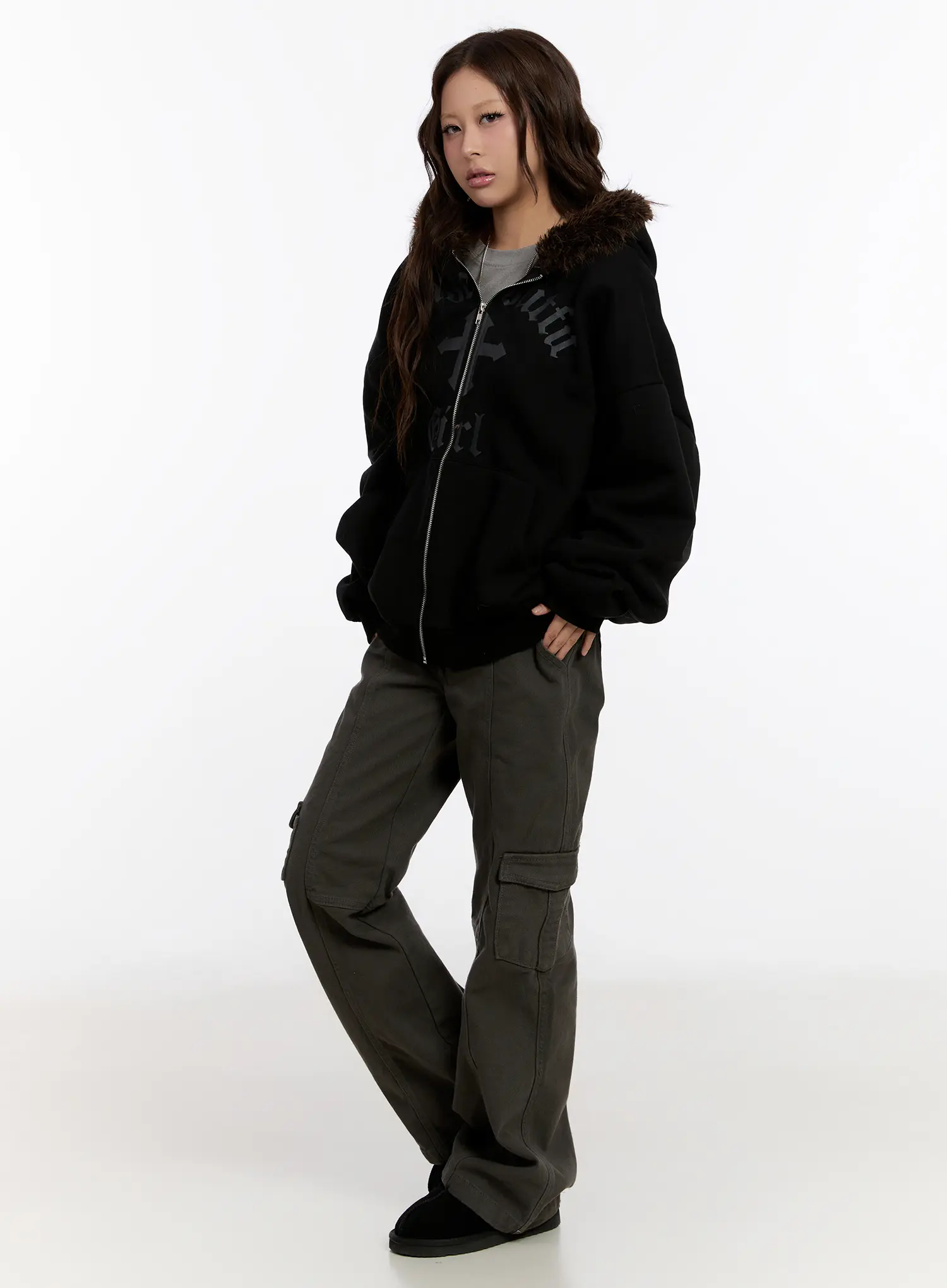 Oversized Graphic Faux Fur Zip Hoodie CN527 - Image 6