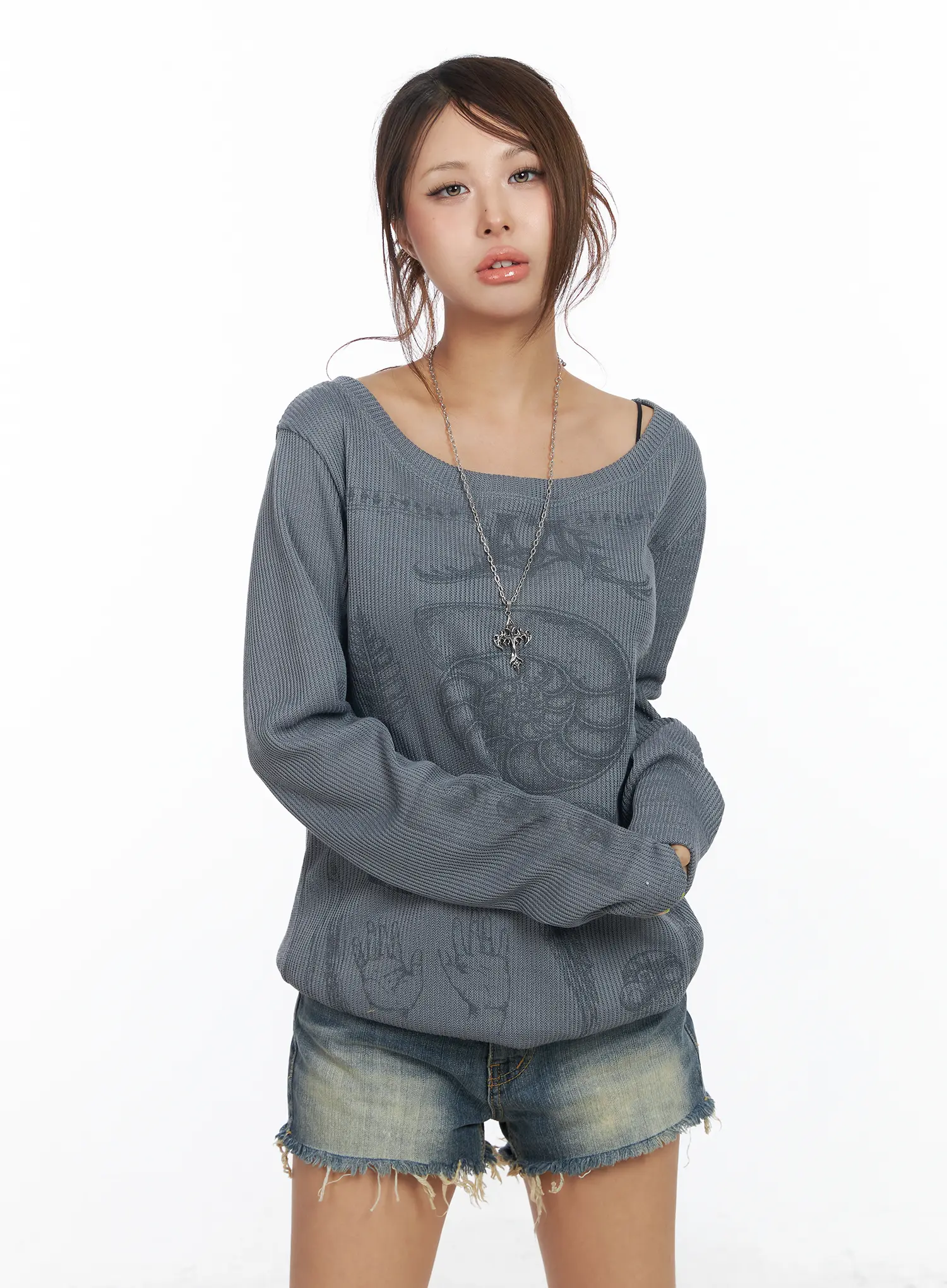 Oversized Graphic Ribbed Long Sleeve Top CF511 - Image 12