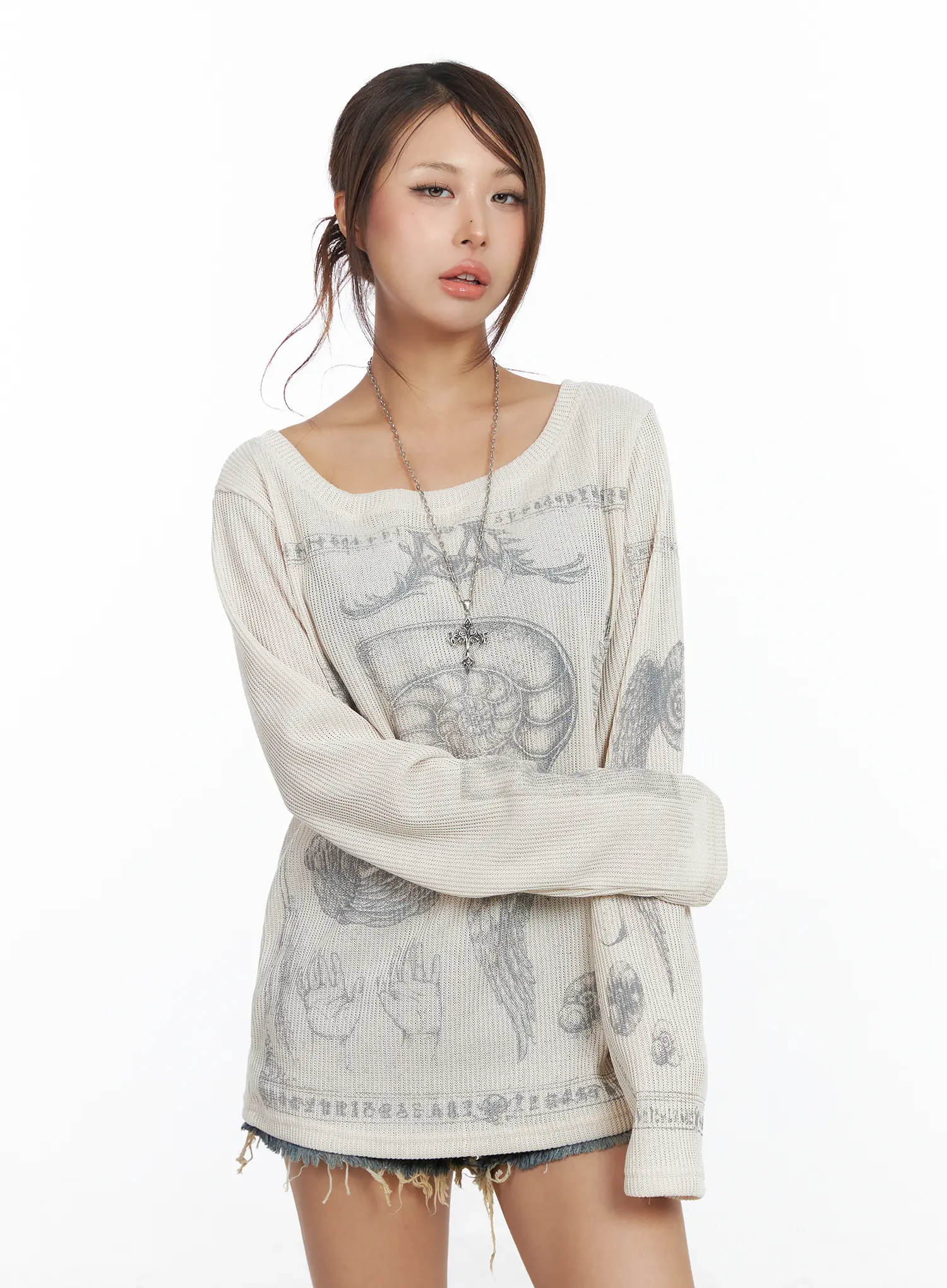 Oversized Graphic Ribbed Long Sleeve Top CF511 - Image 2
