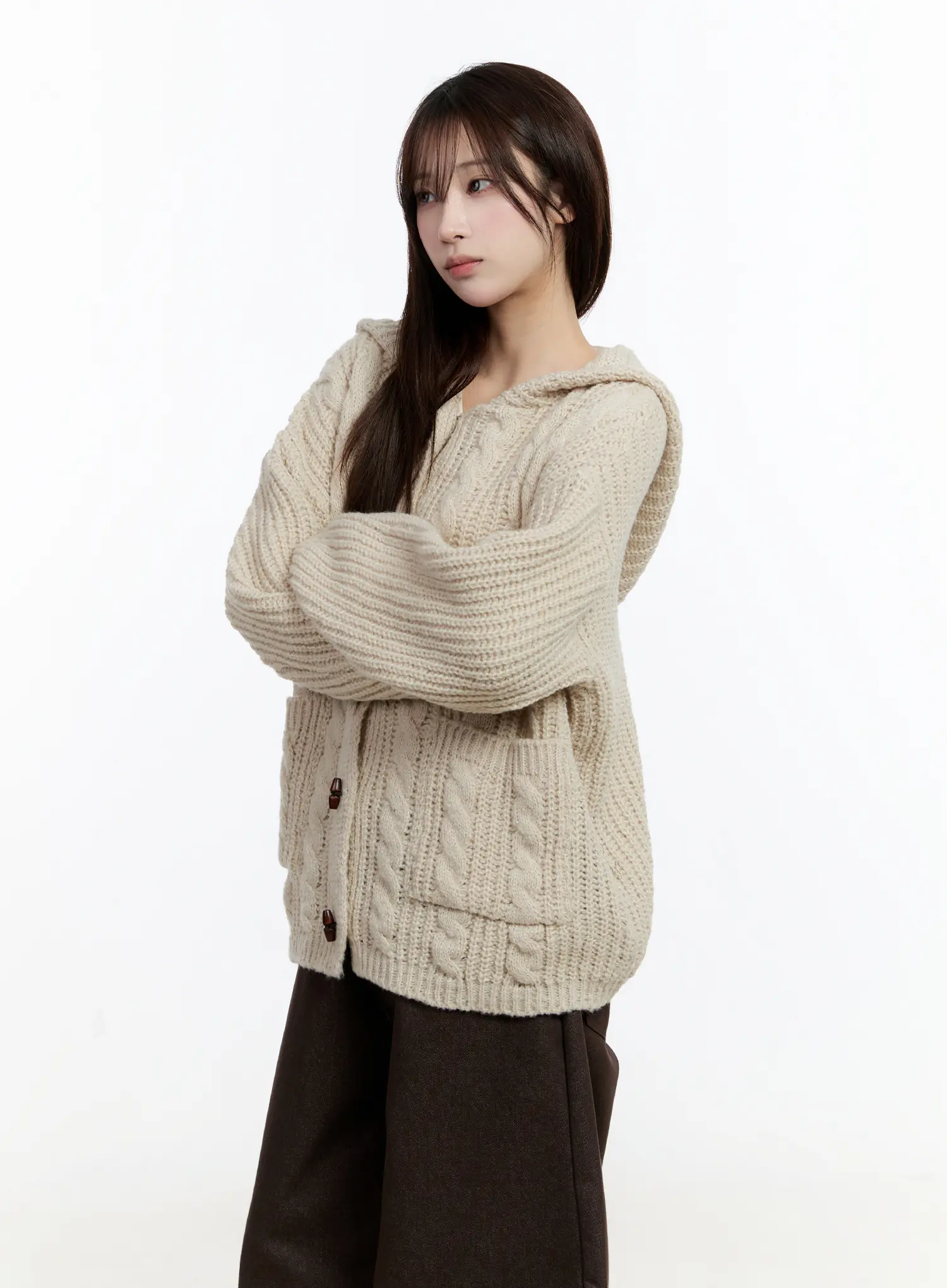 Oversized Knit Button-Up Hoodie CN524 - Image 2