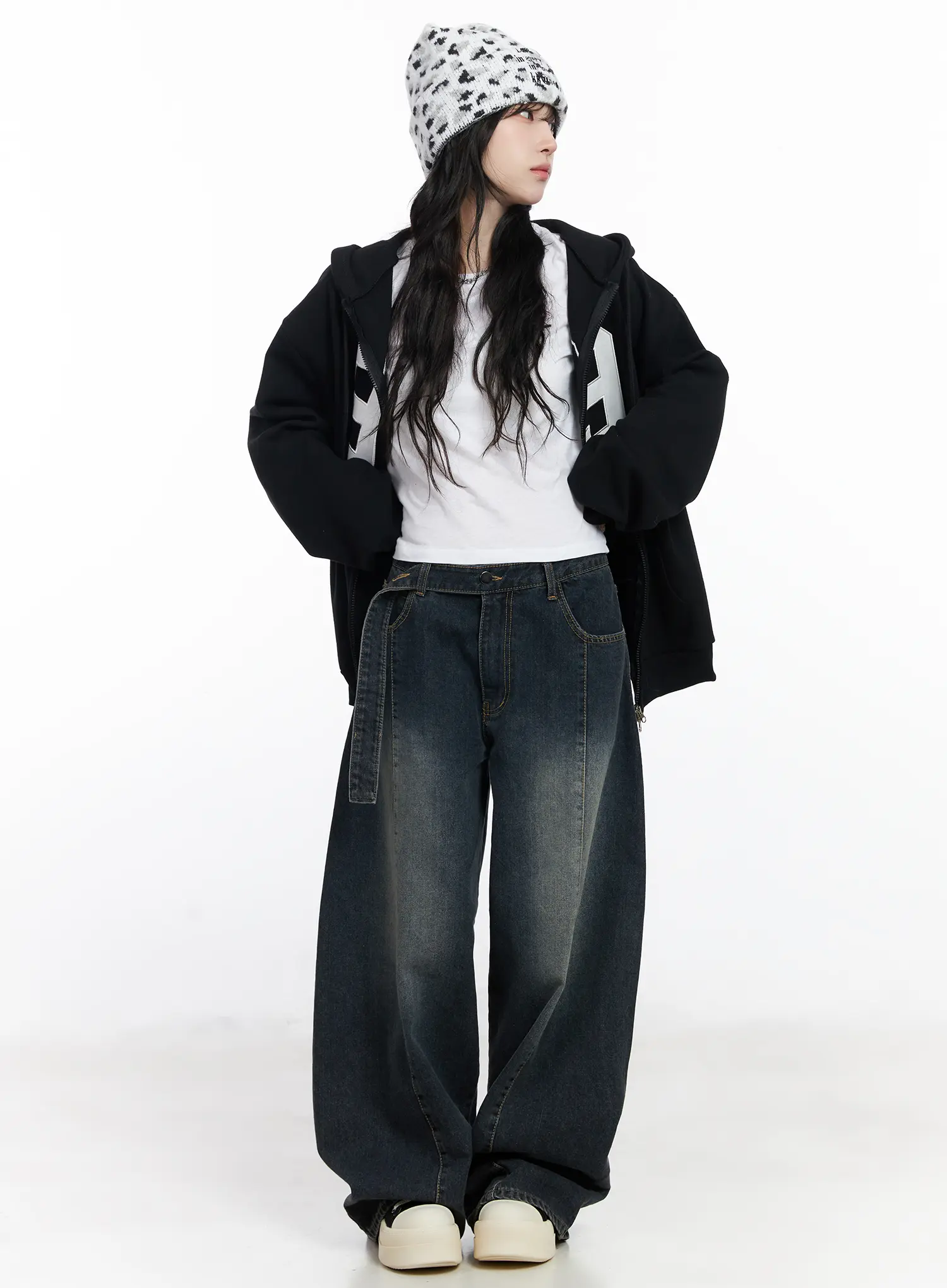 Oversized Lettering Zip-Up Hoodie CJ527