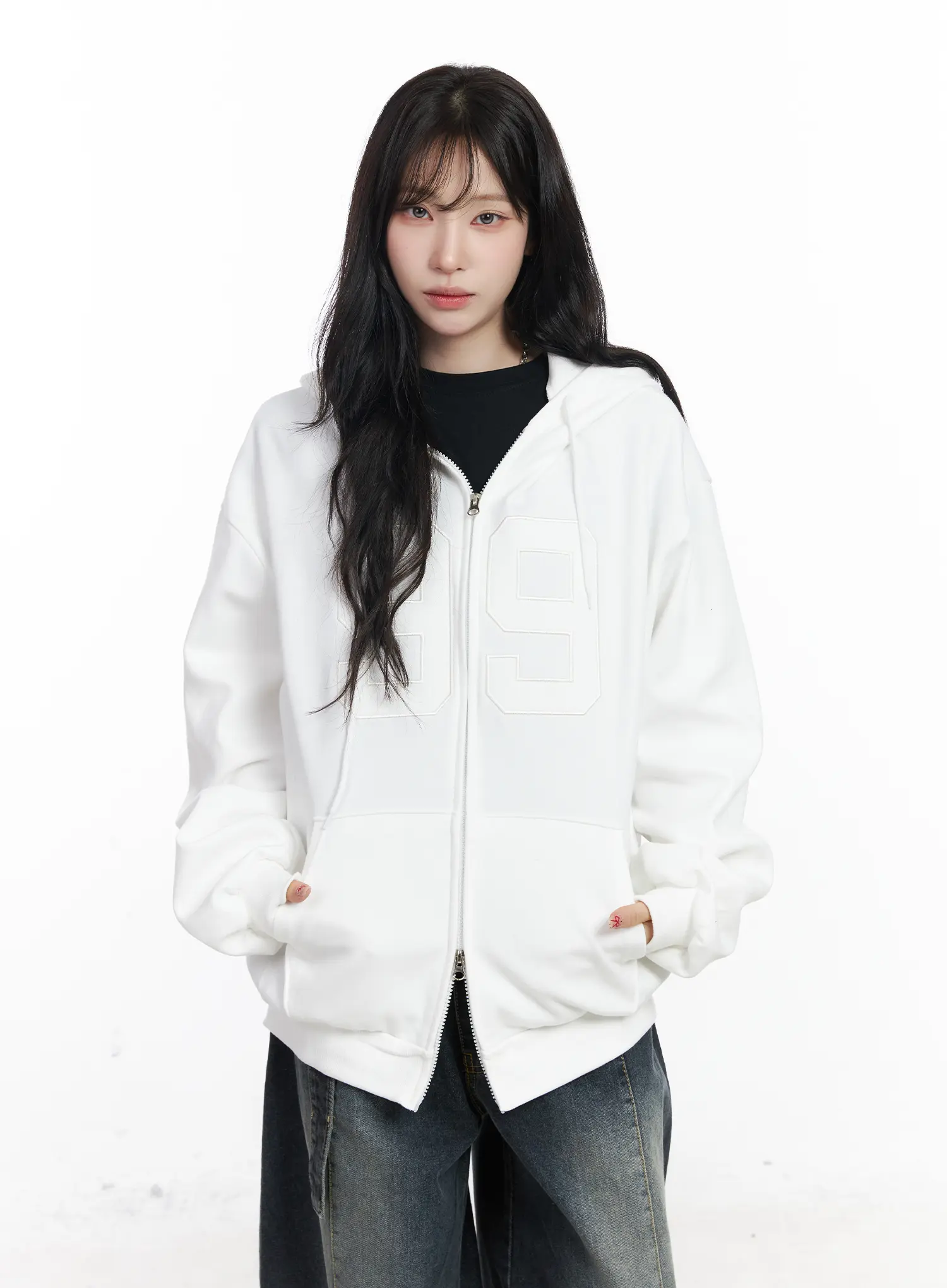 Oversized Lettering Zip-Up Hoodie CJ527 - Image 11