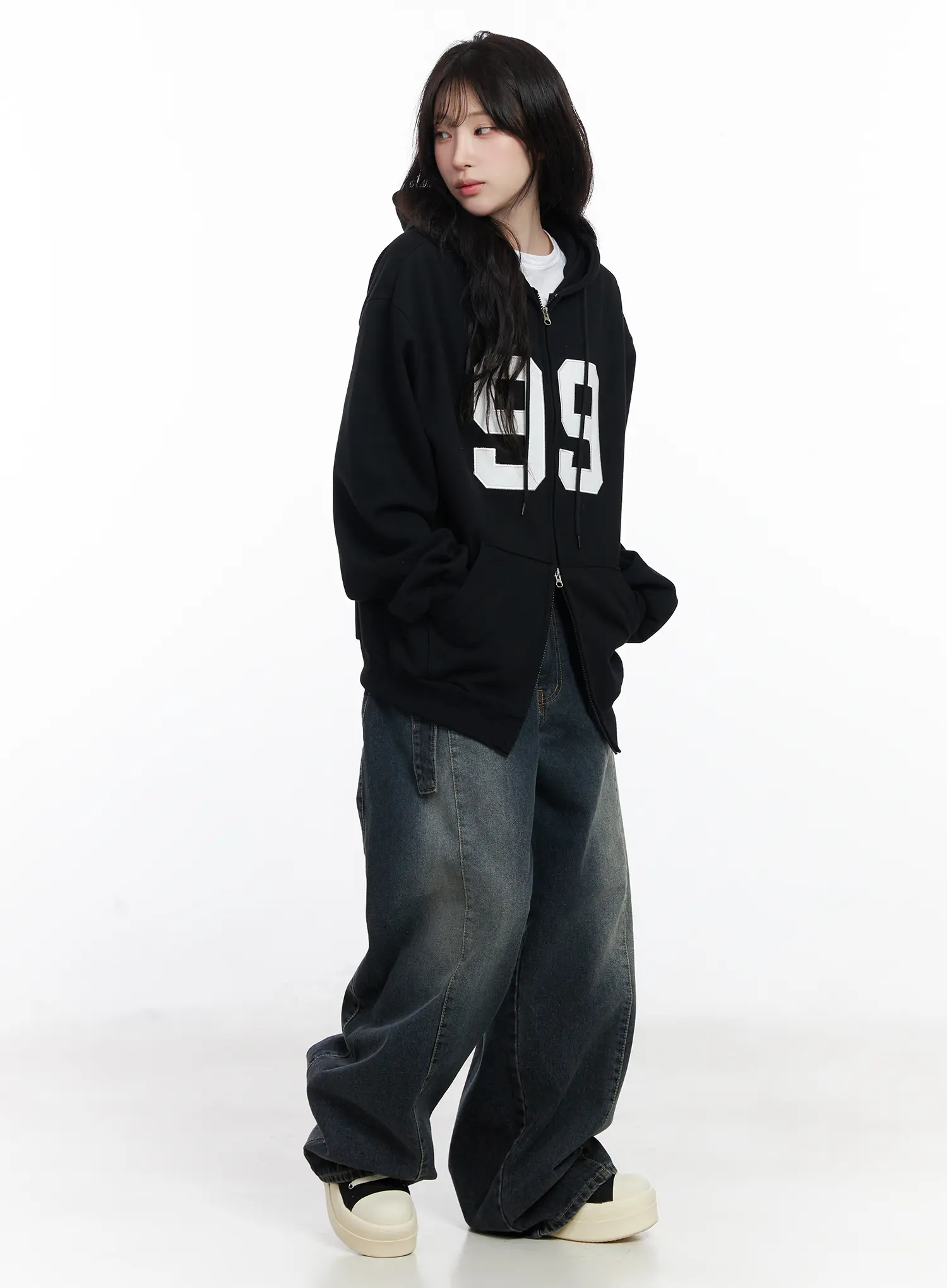 Oversized Lettering Zip-Up Hoodie CJ527 - Image 3