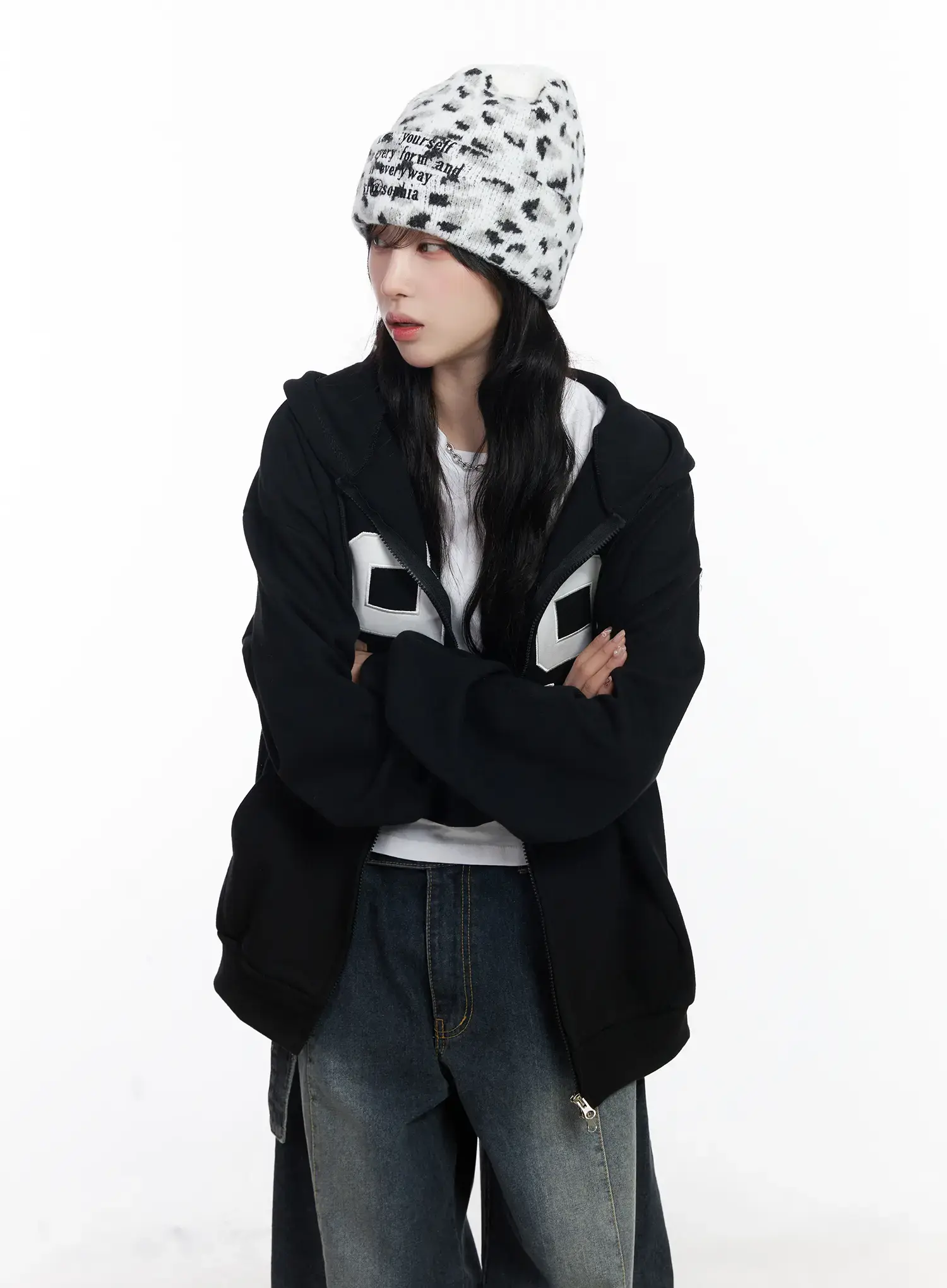 Oversized Lettering Zip-Up Hoodie CJ527 - Image 9