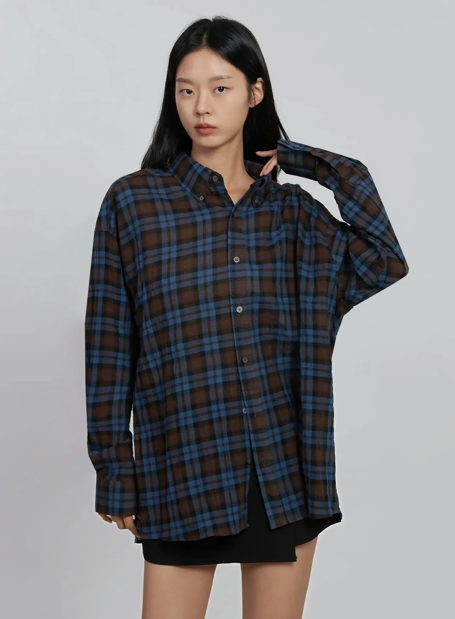 Oversized Plaid Button-Up Shirt ID504 - Image 2