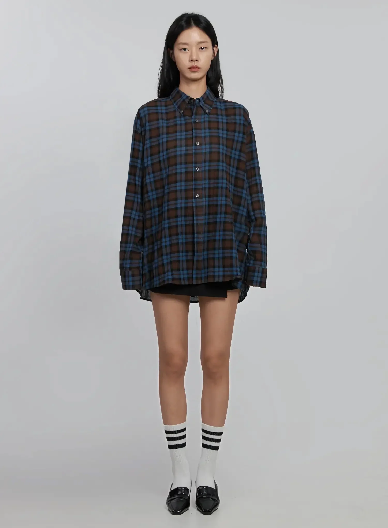 Oversized Plaid Button-Up Shirt ID504 - Image 4