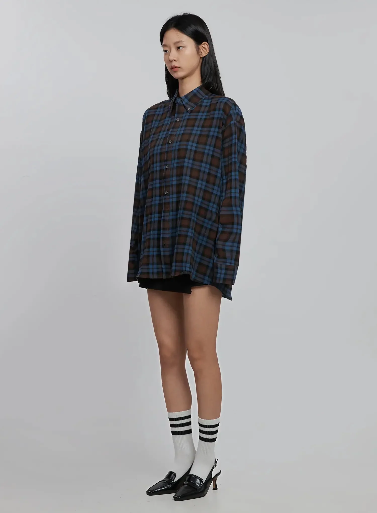 Oversized Plaid Button-Up Shirt ID504 - Image 5