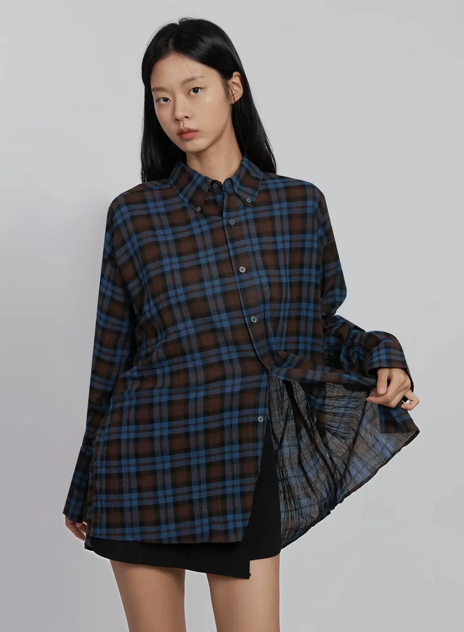Oversized Plaid Button-Up Shirt ID504 - Image 8