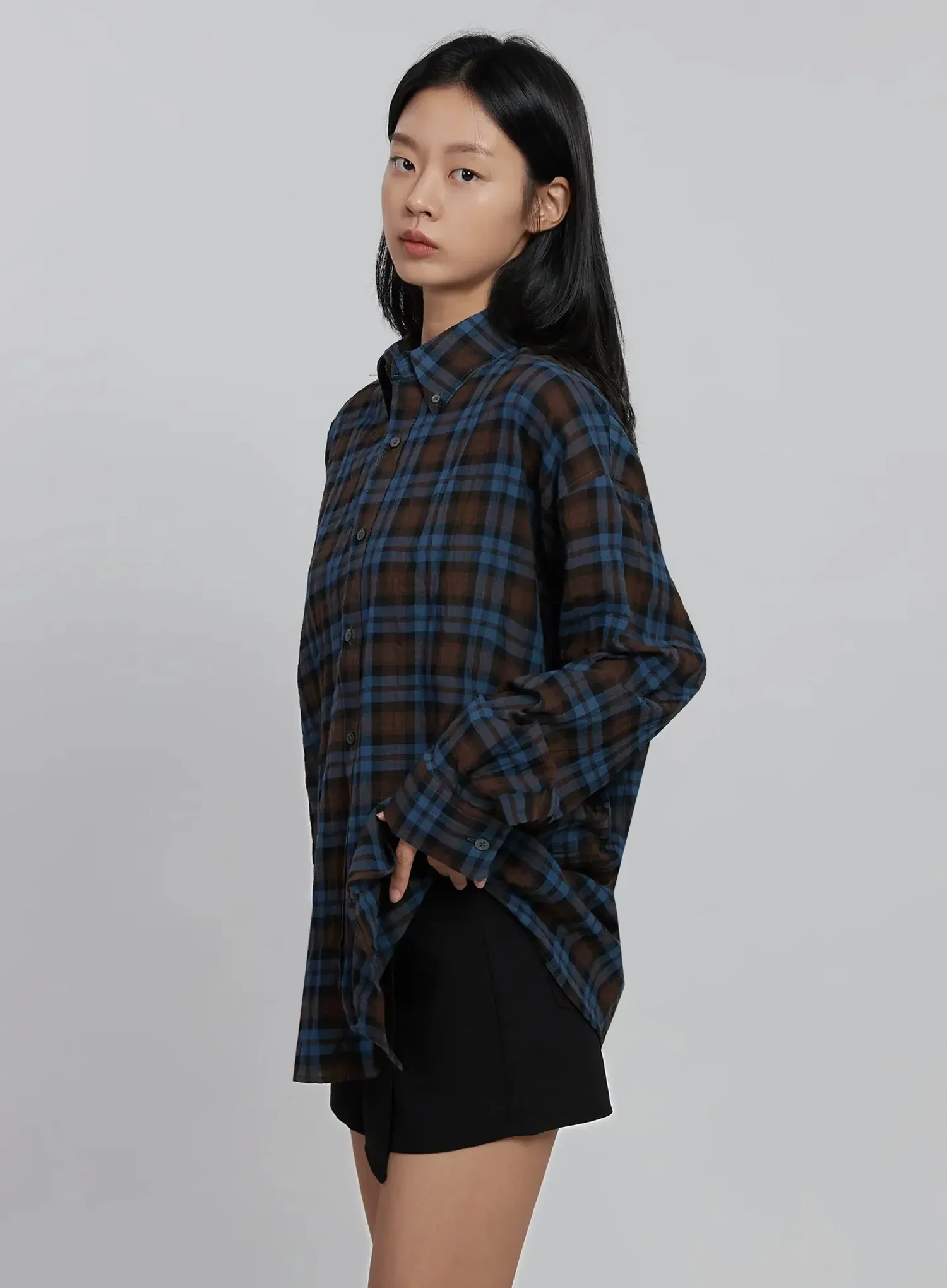 Oversized Plaid Button-Up Shirt ID504 - Image 9