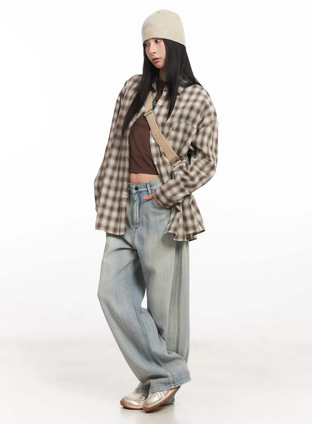 Oversized Plaid Print Button-Down Shirt CA514 - Image 8