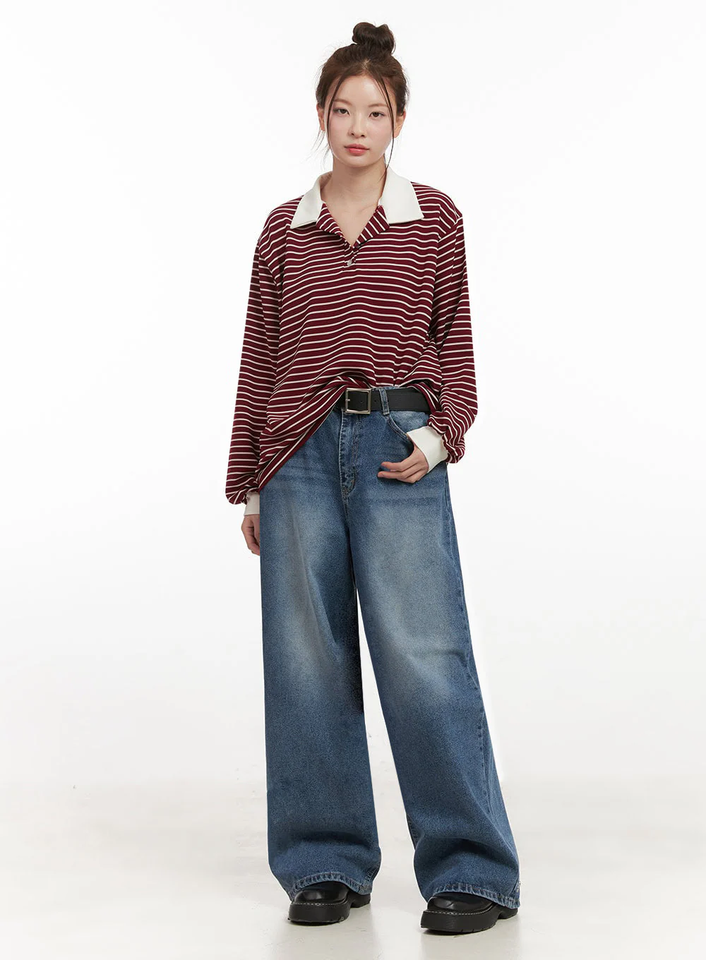 Oversized Stripe Collared Long Sleeve Top IJ527 - Image 3