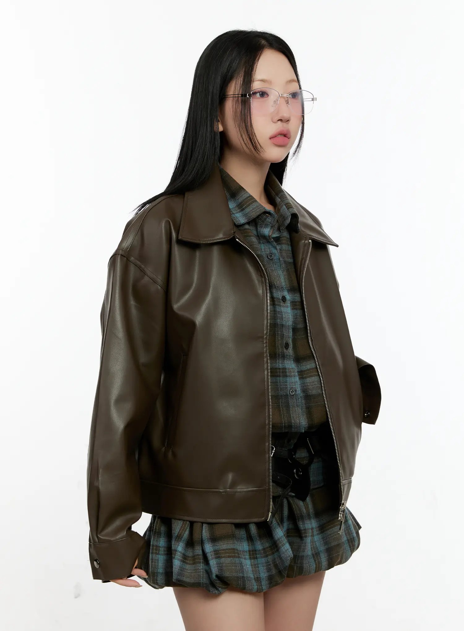 Oversized Two-Way Collar Faux Leather Jacket CN505 - Image 10